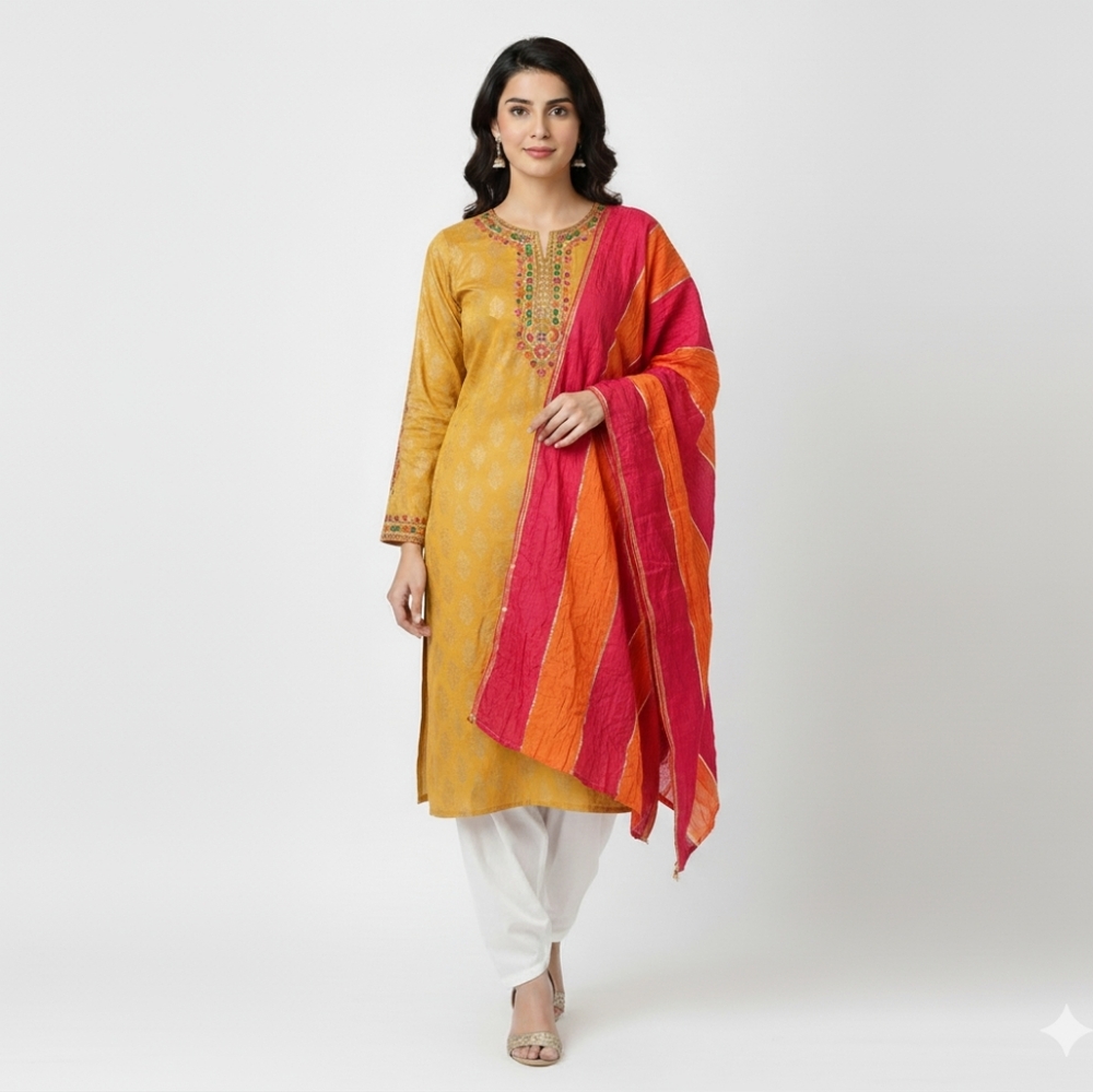 Rang Ja Women's Pakistani Embroidered Kurti & Dupatta - Mustard, Medium